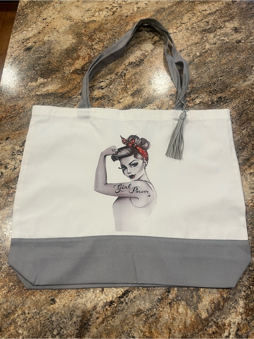 Girl Power White & Gray Canvas Tote Bag with Tassel